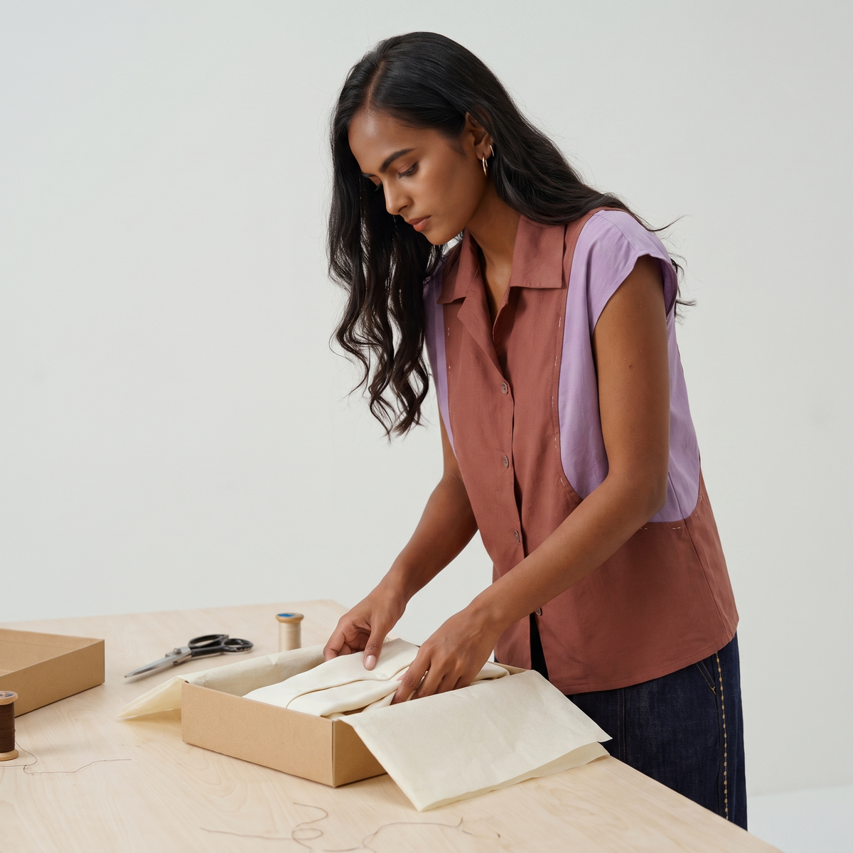 An ivory co-ord set being folded into tissue in a kraft box beside shears and a spool of thread