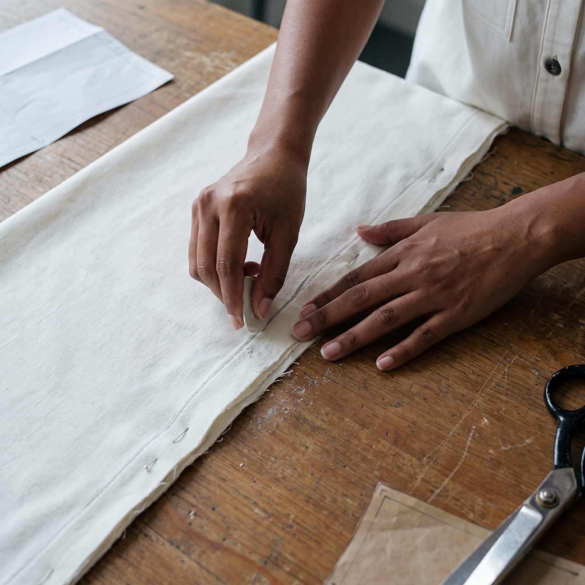 Cloth laid flat on a cutting table with a paper pattern pinned in place, before the first cut.