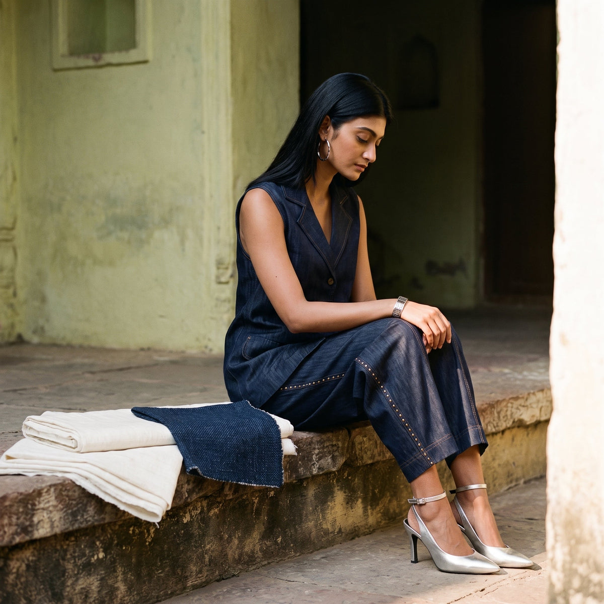 Folded ivory cotton, navy tweed and indigo denim on a stone ledge beside a woman in a denim set